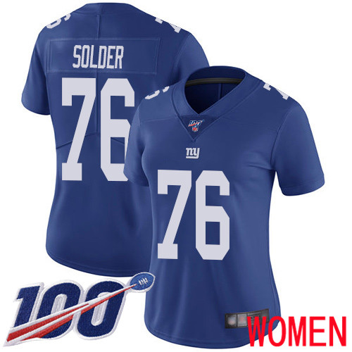 Women New York Giants #76 Nate Solder Royal Blue Team Color Vapor Untouchable Limited Player 100th Season Football NFL Jersey